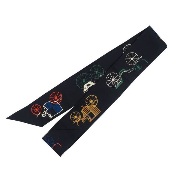 Hermes Twilly Long Atu Berlinne Silk Blue Noir Black Multicolor Scarf 0714 - Picture 2 of 4